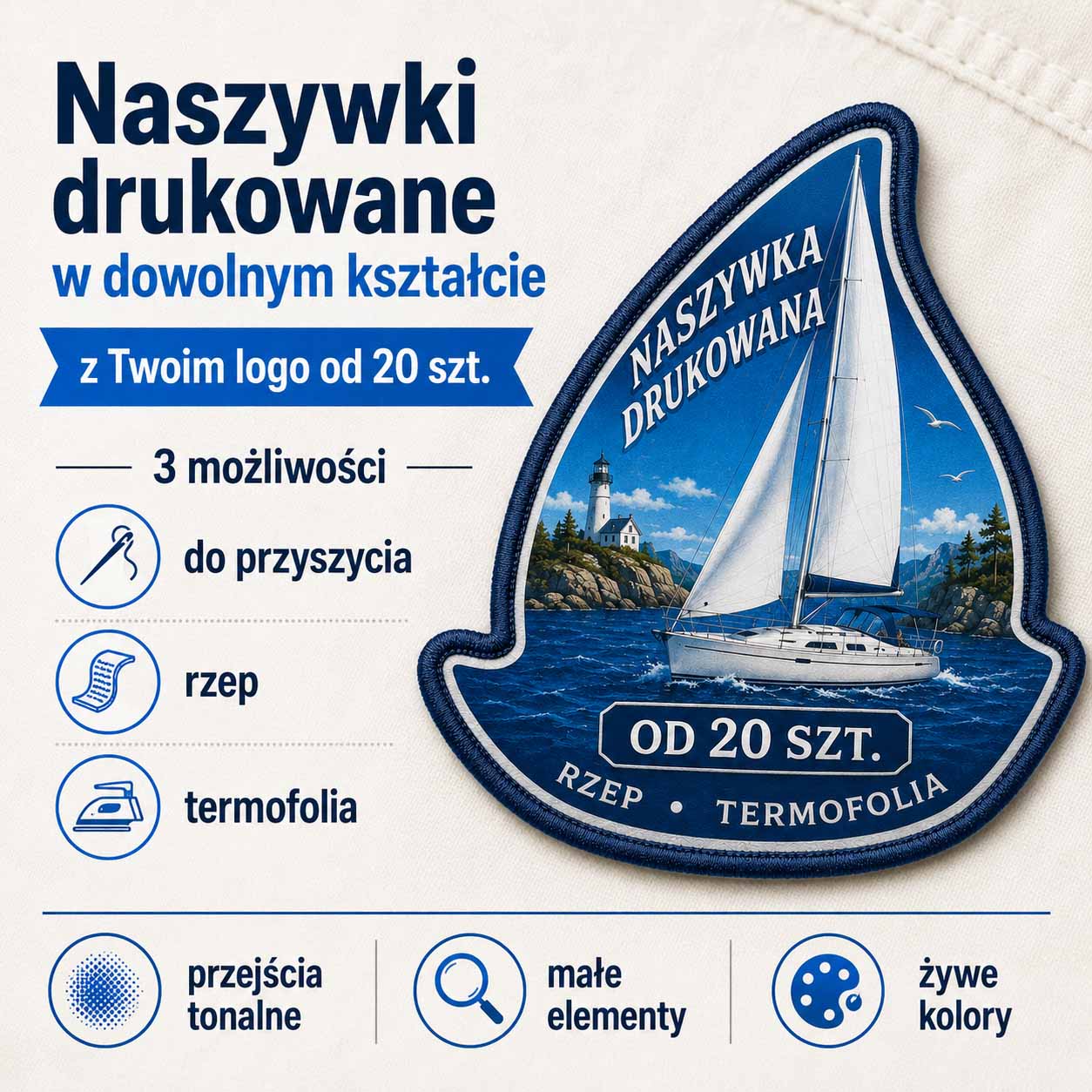 Naszywka drukowana DTF o dowolnym kształcie z haftowaną ramką i logo firmy